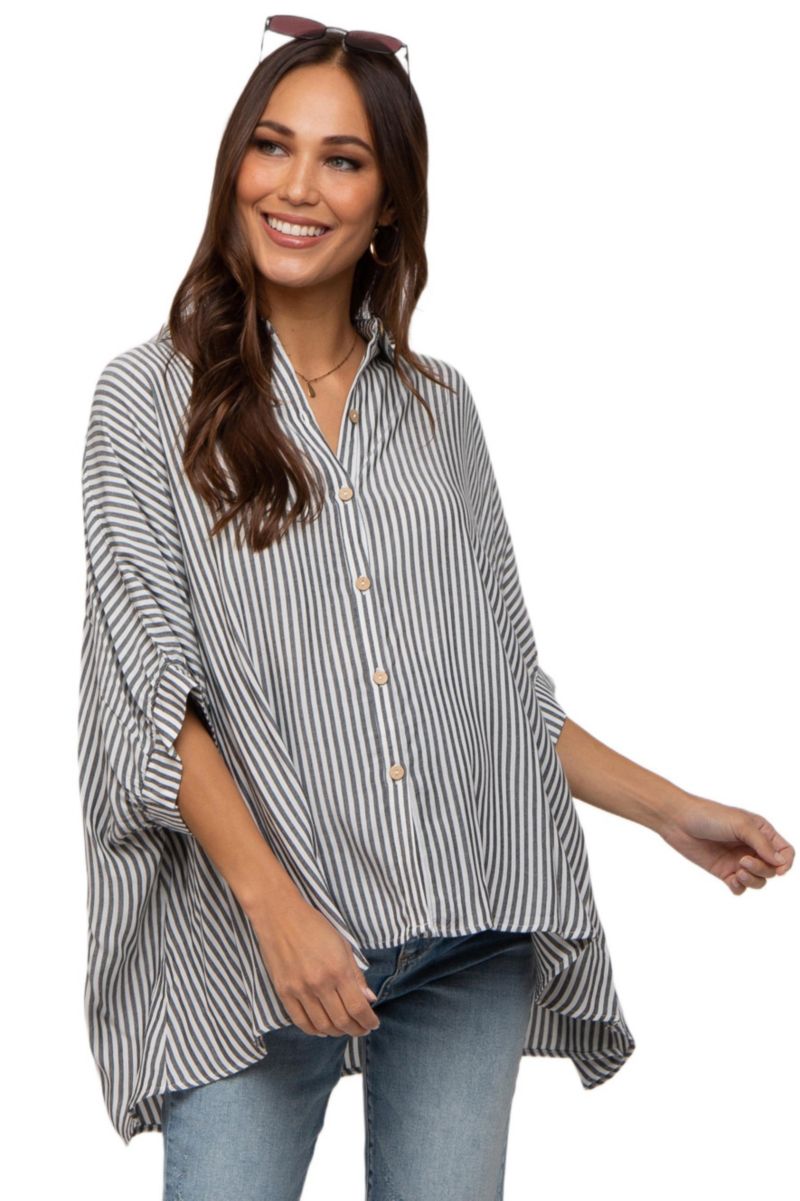 Women's Striped Button Up Dolman Top