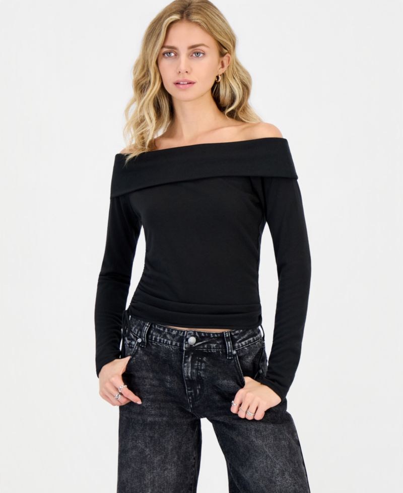 Juniors' Foldover Side Cinch Long-Sleeve Top