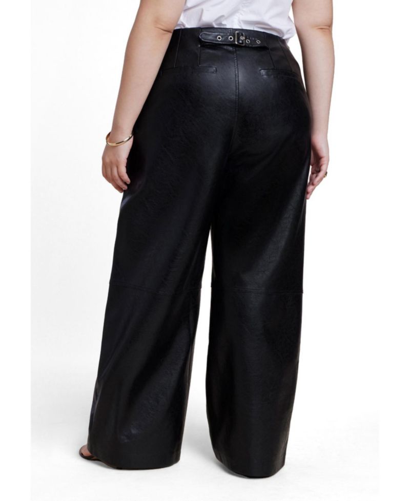 Women's Adjustable Waist Faux Leather Wide-Leg Pant