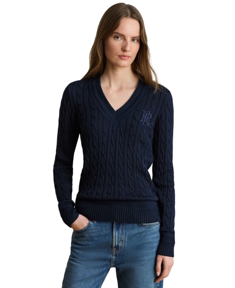 Petite Long-Sleeve V-Neck Cable Knit Sweater