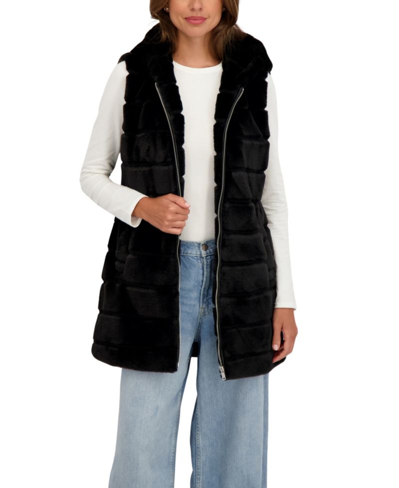 Women's Hooded Grooved 3/4 Faux Fur Vest