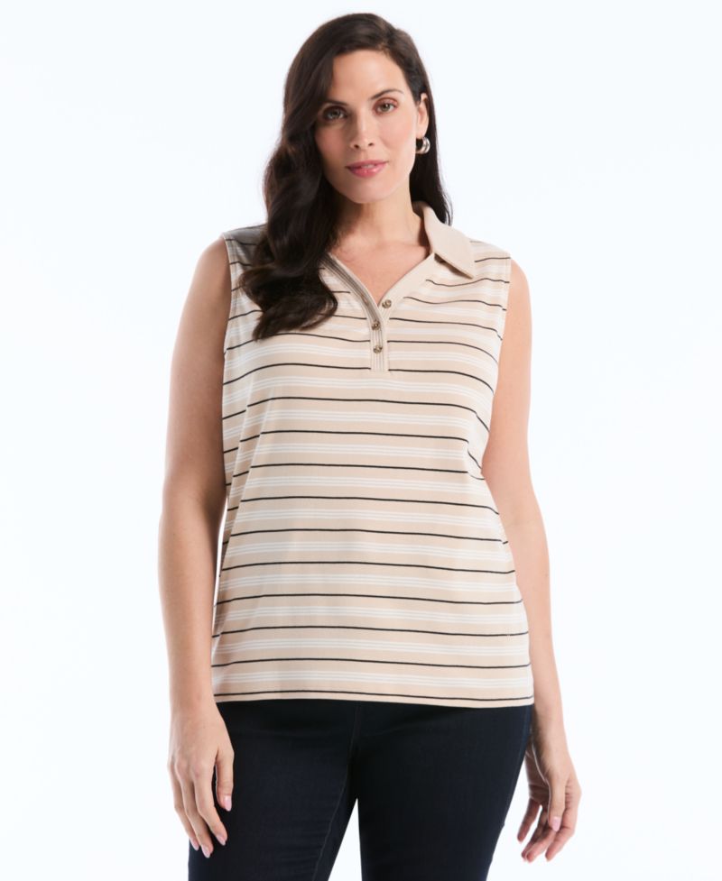 Plus Size Stripe Sleeveless Polo Top