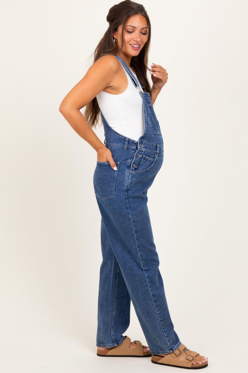 Women's Blue Wash Rolled Cuff Denim Overalls