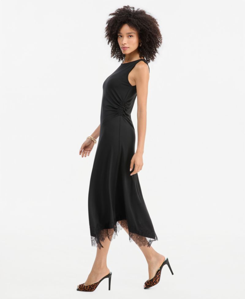 Women's Lace-Trim Asymmetrical-Hem Sleeveless Midi Dress