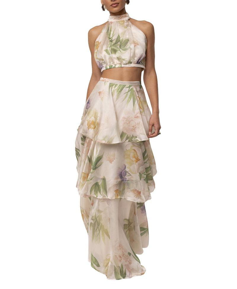 Women's Botanical Dreams Floral-Print Halter Cropped Top and Tiered Maxi Skirt, 2-Piece Set