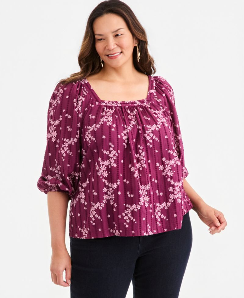 Plus Printed Square-Neck Cotton Top