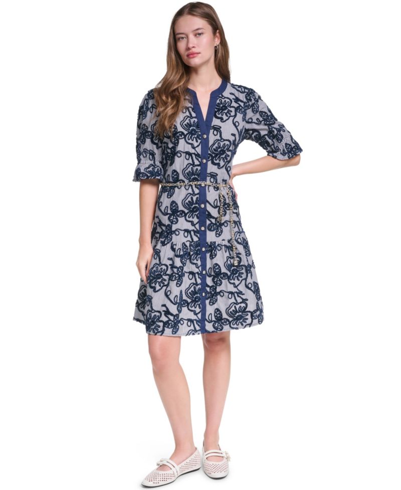 Women's Velvet Embroidery 3/4-Sleeve Chain Belt Dress