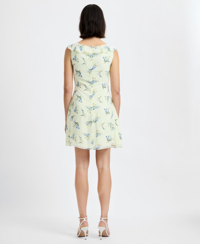 Women's Yellow Floral V-Neck Sleeveless Mini Dress