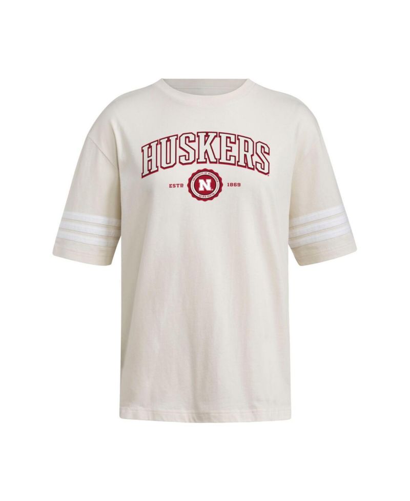 Women's Cream Nebraska Huskers Fashion Three-Stripes Oversized T-Shirt