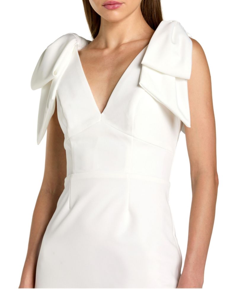 Women's Bow-Shoulder V-Neck Sleeveless Crepe Midi Dress