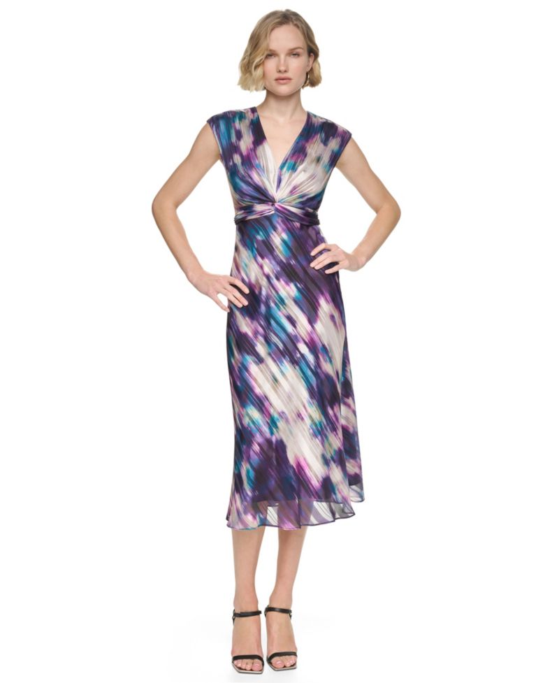 Women's Sleeveless V-Neck Knot-Front A-Line Midi Dress