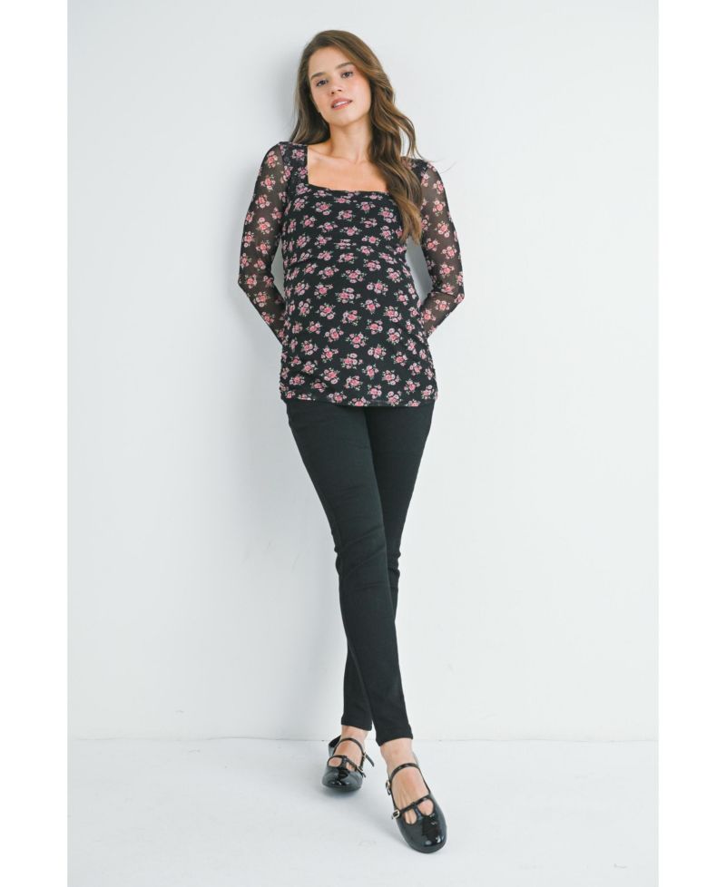 Maternity Square-Neck Floral-Mesh Top