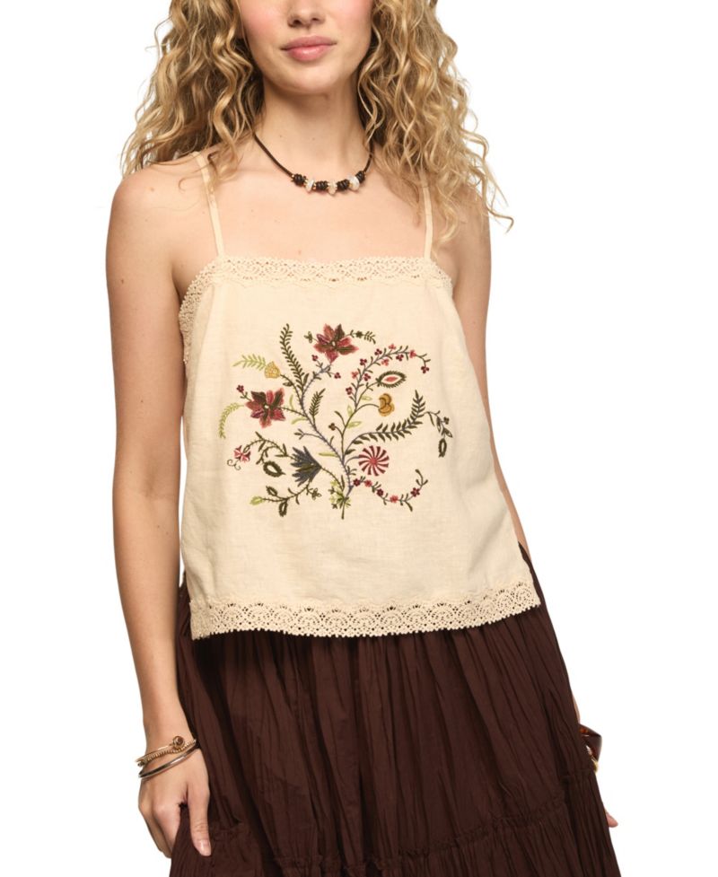 Women's Floral Contrast Embroidered Square Neck Tank Top