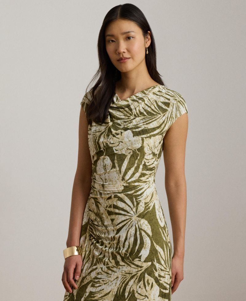 Women's Palm-Frond-Print Cowl Neck Midi Dress