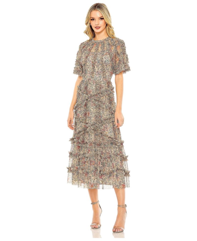 Women's Floral Flutter Sleeve Mesh Print Dress