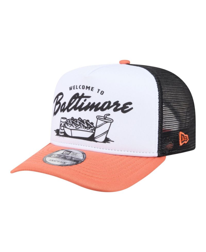 Men's White/Orange Baltimore Orioles Foodie A-Frame 9FIFTY Trucker Snapback Hat