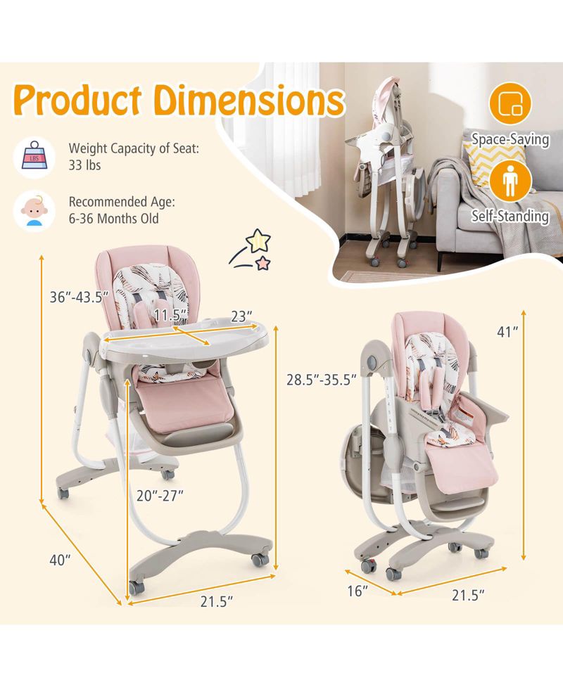 Highchair for Babies and Toddlers with Rolling Wheels Adjustable Height Footrest