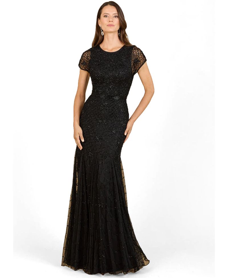Women's Beaded Mermaid Cap Sleeve Gown
