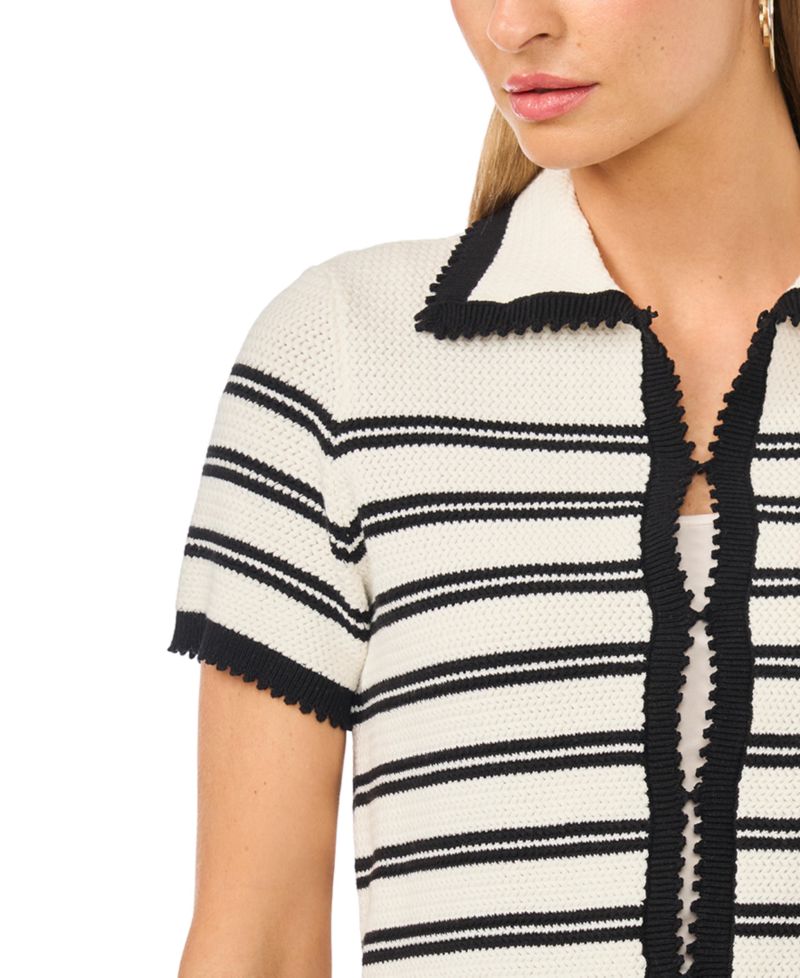 Women's Striped Collared Short-Sleeve Cardigan