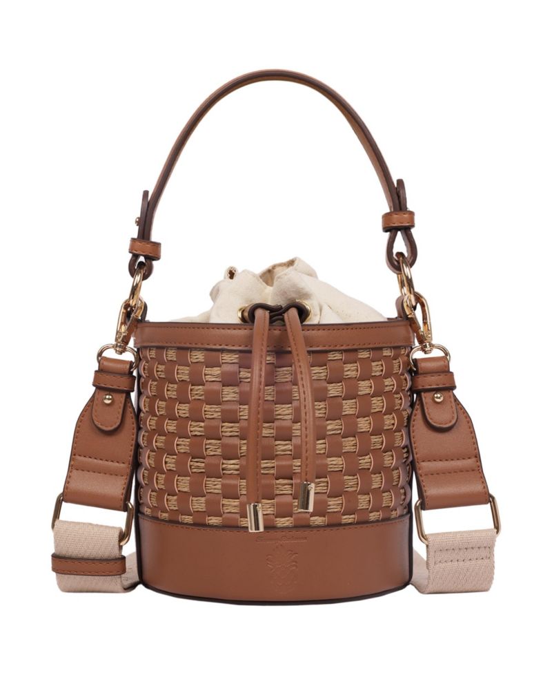 Raffia and Woven Drawstring Bucket Bag - Convertible Top Handle and Crossbody