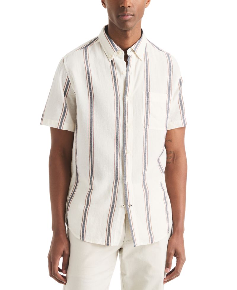 Men's Short Sleeve Striped Linen Blend Button-Down Shirt
