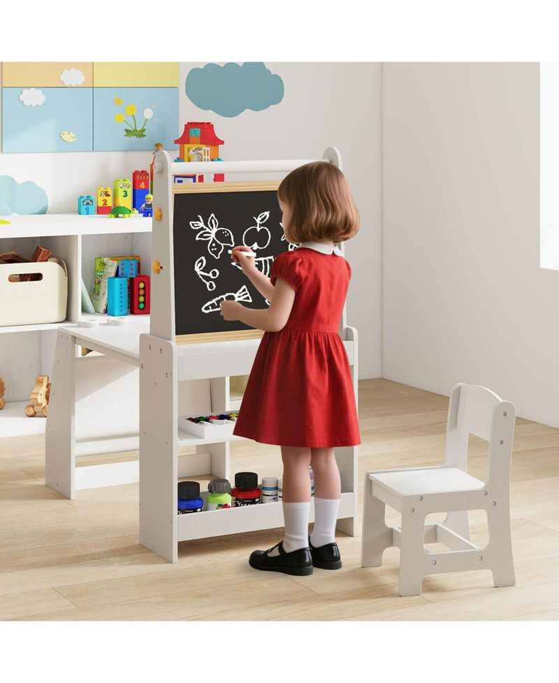 Kids Art Table and Chair Set with Easel Whiteboard Chalkboard Paper