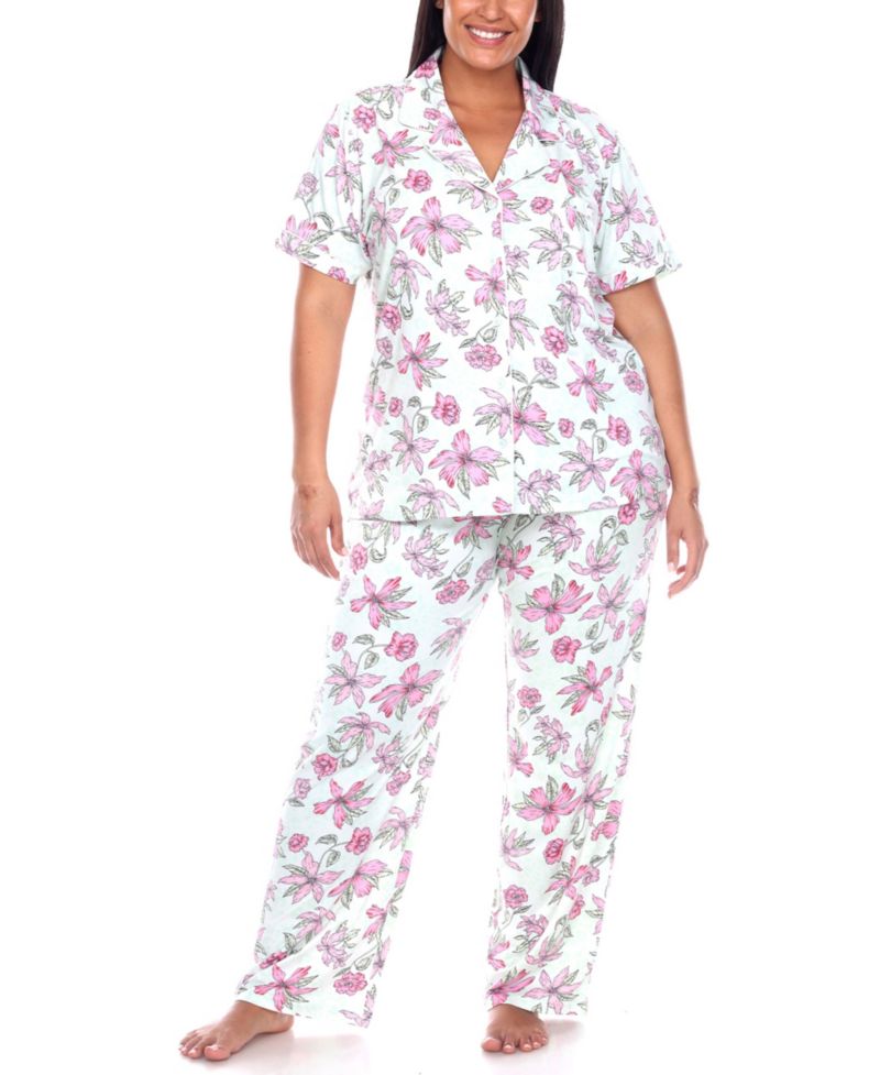 Plus Size Short Sleeve Pants Tropical Pajama Set, 2-Piece