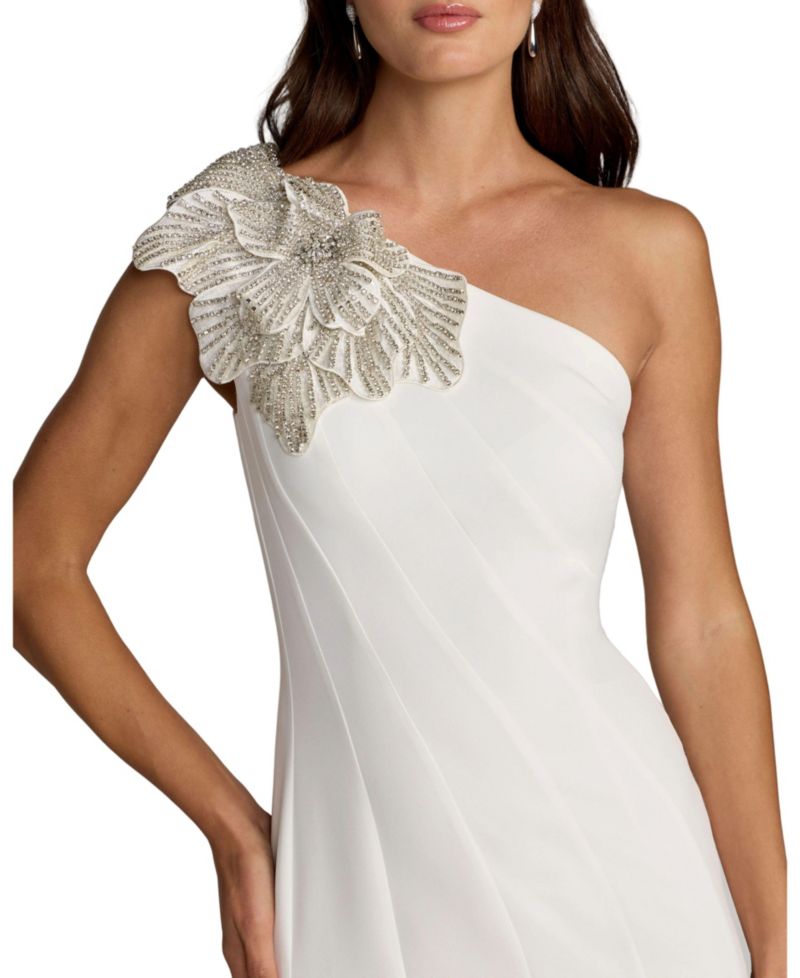 Women's One-Shoulder Mermaid Floral-Embellished Midi Dress