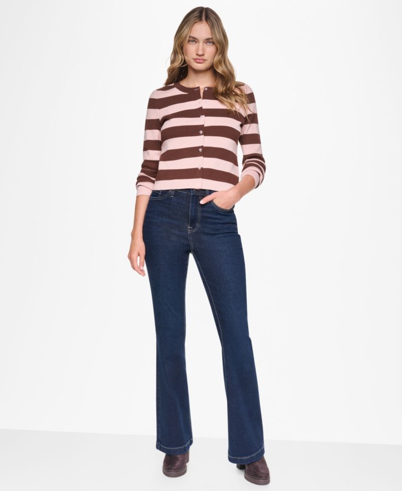 Women's Cropped Stripe Long-Sleeve Crew Neck Cardigan