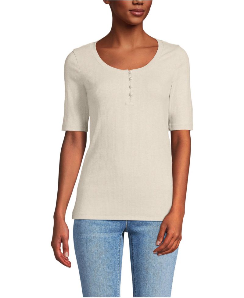 Women's Elbow Sleeve Variegated Micro Rib Scoop Neck Henley