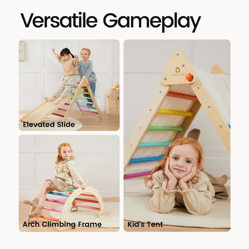 Pikler Triangle Set, 7-in-1 Wooden Montessori Climbing Toy Set, Toddler Indoor Playground Jungle Gym - Rainbow