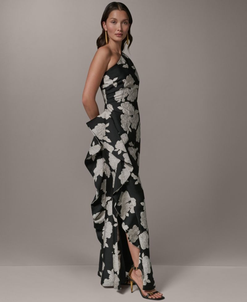 Women's Floral One-Shoulder Ruffle Evening Gown
