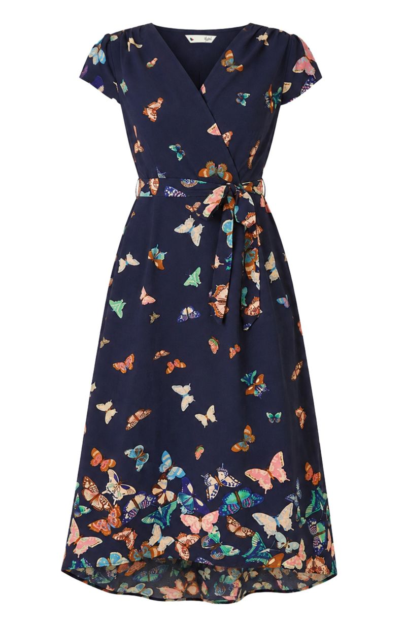 Women's Butterfly Print Dip Hem Midi Wrap Dress