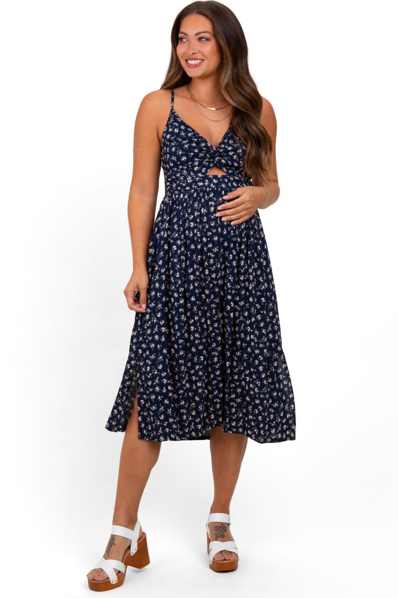 Women's Navy Floral Twist Front Cut Out Midi Dress