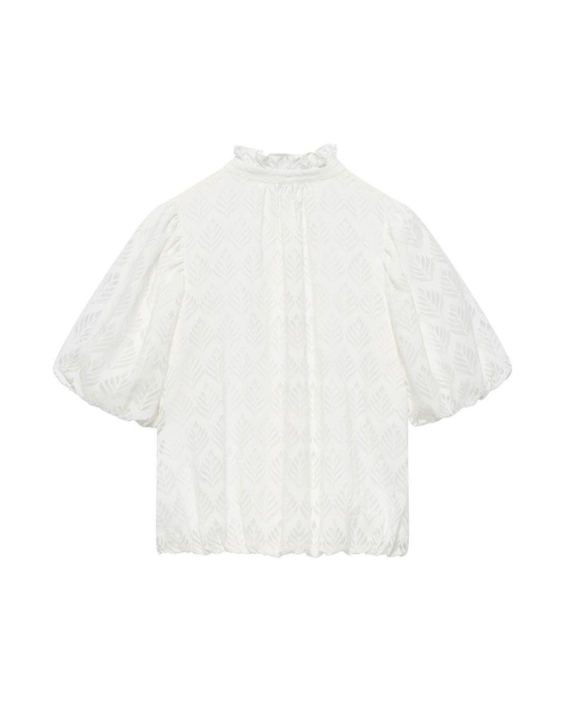 Women's Short Puff Sleeve Jacquard Ruffle-Trim Blouse
