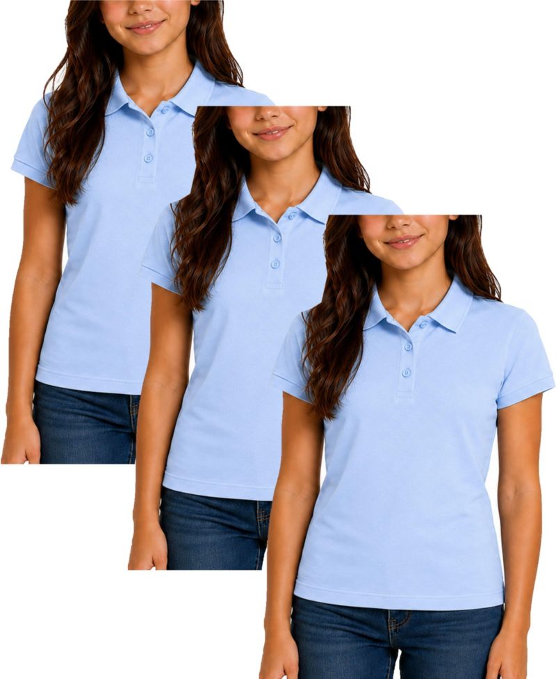 Women's 3-Button Short Sleeve Stretch Pique Polo Shirts School Uniform-3 Pack