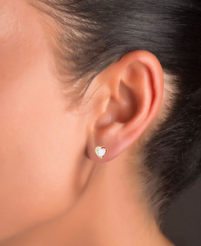 Cubic Zirconia Heart Stud Earrings in Sterling Silver or 14k Gold over Sterling Silver