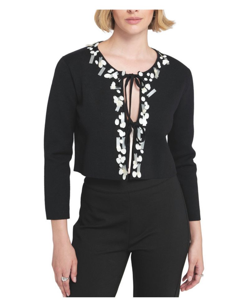 Women's Sequin Tie Front Cardigan Embroidered Sweater