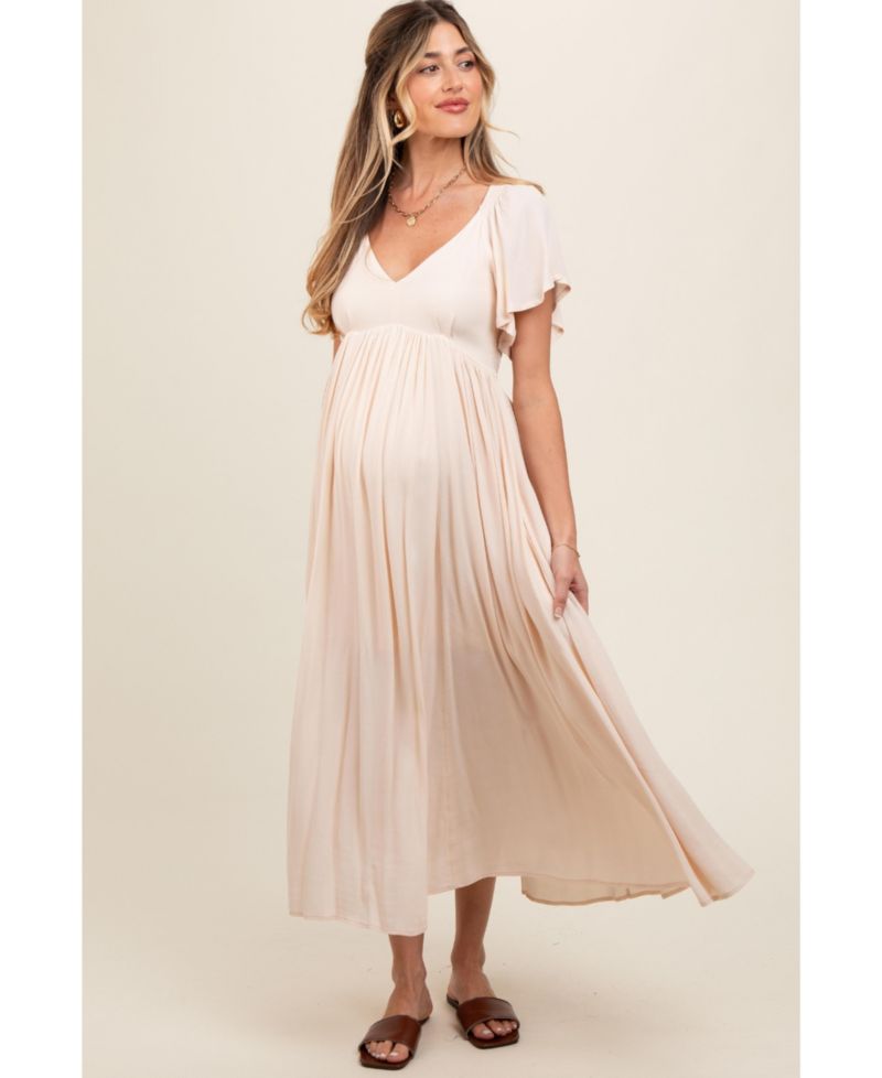 Women's Cream V-Neck Flutter Short Sleeve Midi Dress