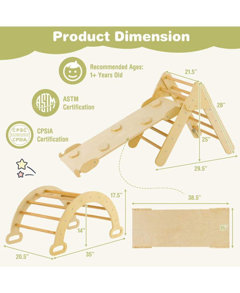 Toddler 3-in-1 Montessori Climbing Triangle, Climbing Arch and Ramp, 3-Piece Set