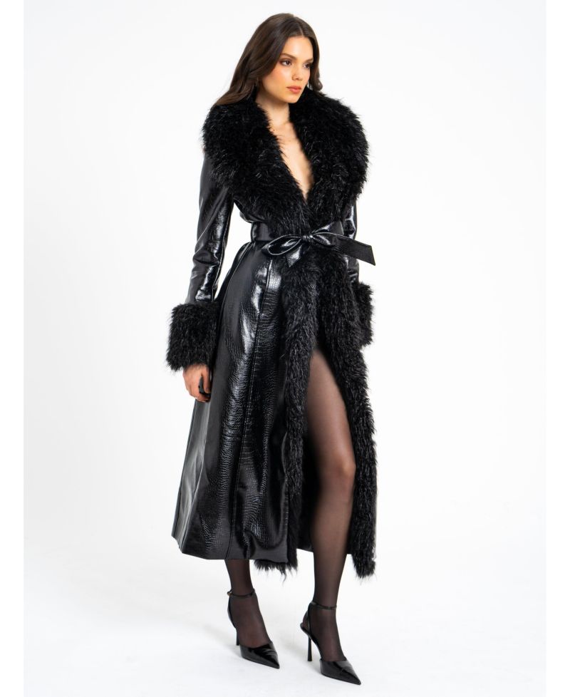 Women's Zella Black Faux Fur Trim Faux Croc Leather Coat
