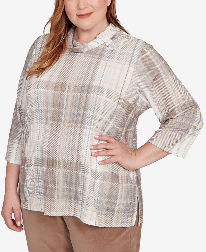 Plus Size Vienna Draped Cowl Neckline Plaid Knit Top