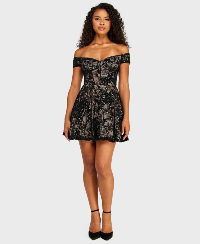 Juniors' Off-The-Shoulder Lace Sequin Corseted Dress