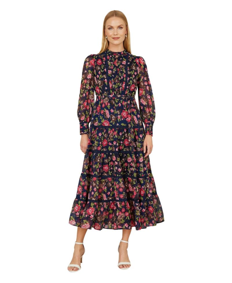 Blossom Print Lace Trim Maxi Dress