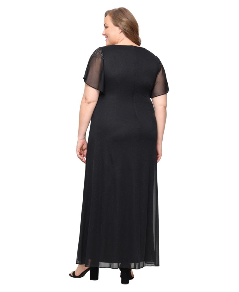 Women's Plus Size Flutter-Sleeve Side-Ruched Glitter Gown