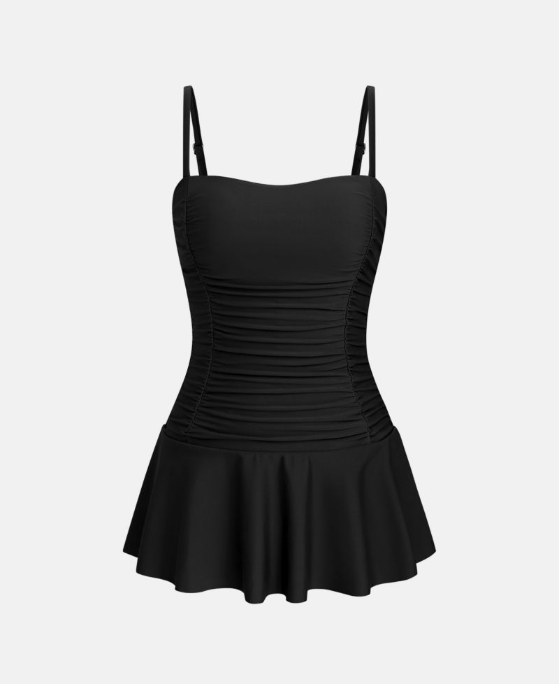 Women's Square Neck Ruched Tummy One Piece Swimdress