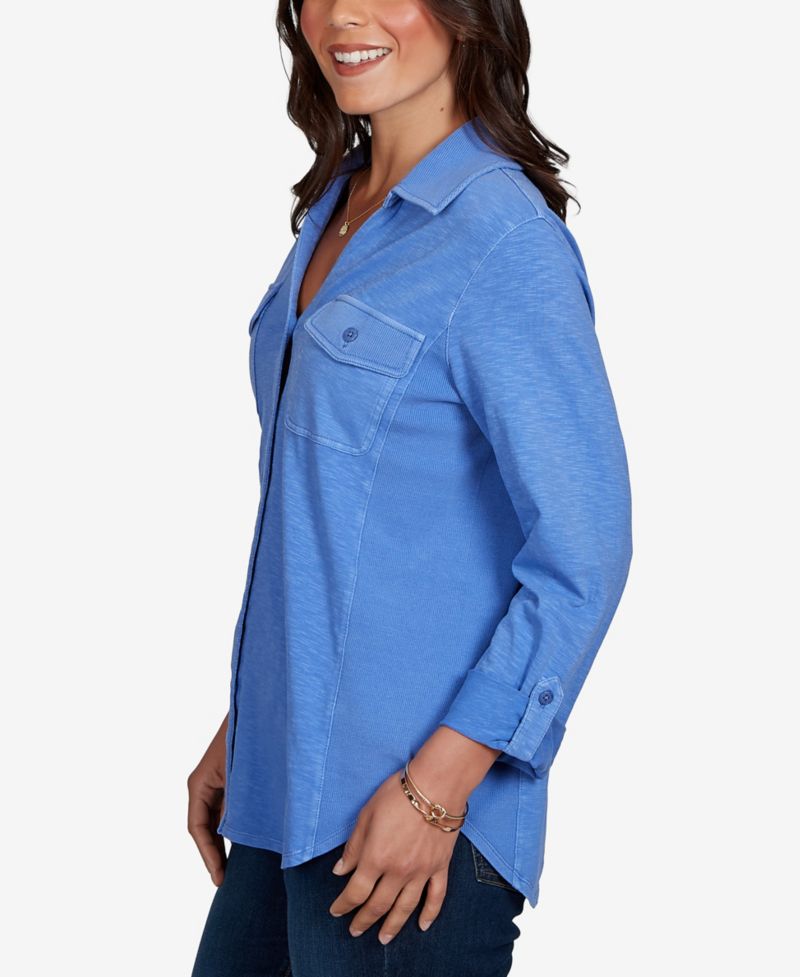 Petite Rib Trim Button-Front Knit Top