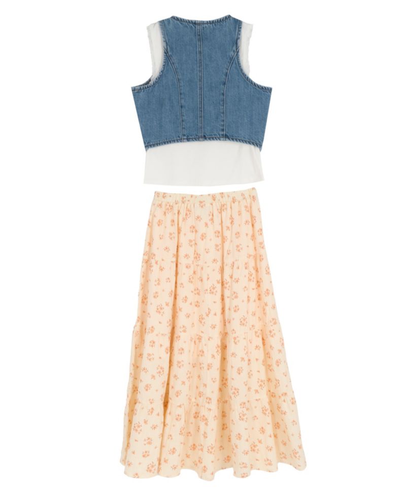Girls' 7-12 Denim Sleeveless Vest, Cami Top and Printed Skirt, 3-Piece Set
