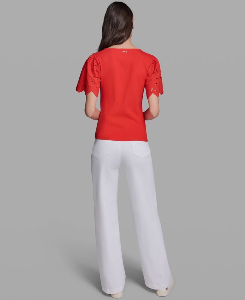 Women's Eyelet Mix Media V-Neck Top