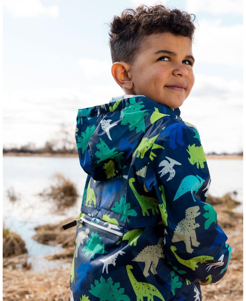 Boys Packable Windbreaker in Polyester Dinosaur Print